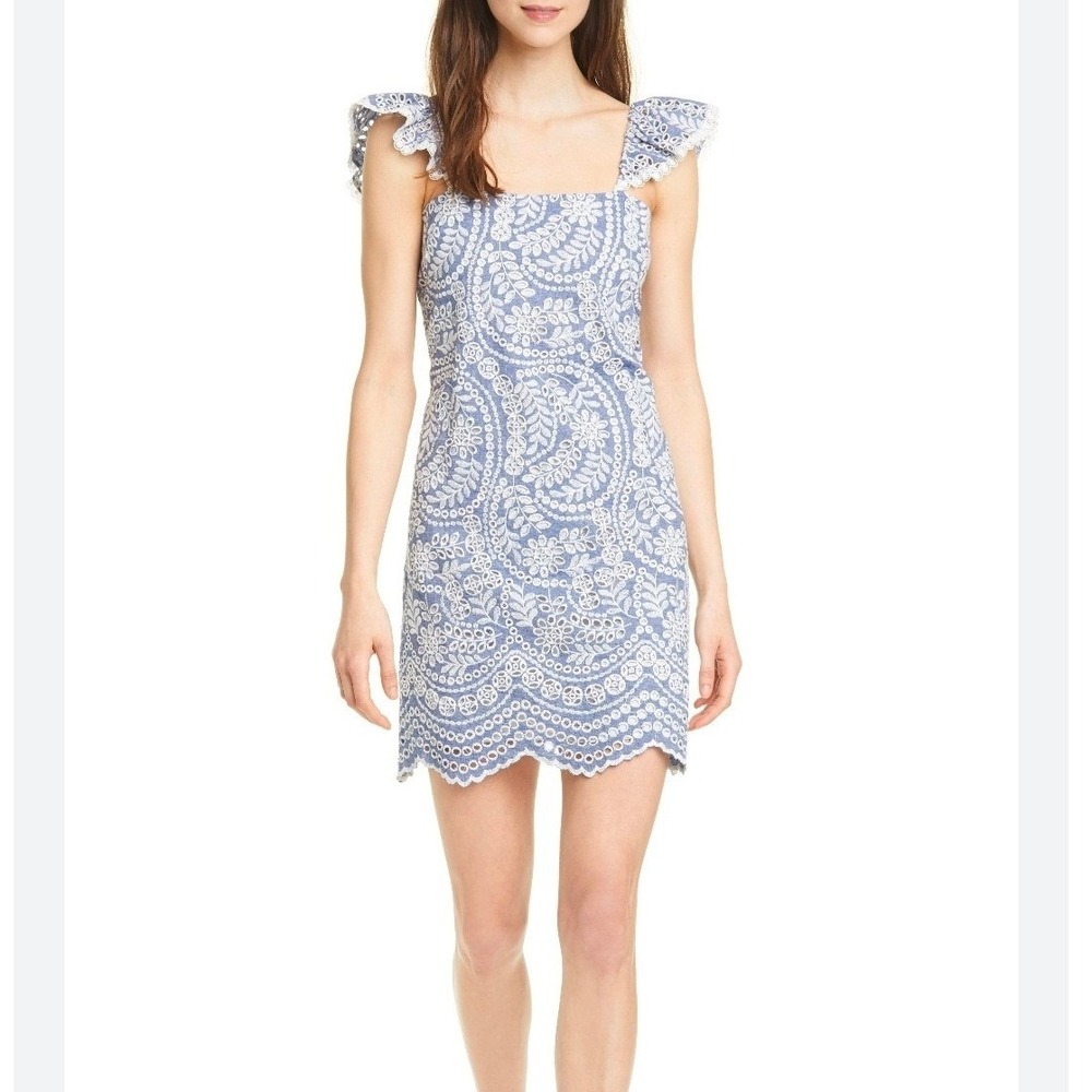 Alice + Olivia Honor Flutter Sleeve Tunic Women Dress Size 6 Blue White Eyelet